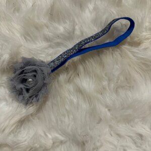 Grey 2" Shabby Flower with Pearl Center on a Blue Glitter FOE elastic headband